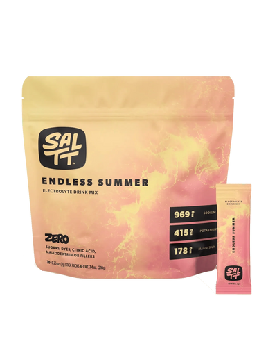 SALTT Endless Summer Electrolyte Drink Mix - 30 Sticks with blend of sodium, potassium, magnesium in vibrant pink and yellow pack