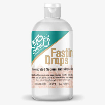 Keto Chow Fasting Drops - 250ml bottle featuring concentrated sodium and magnesium for electrolyte support.