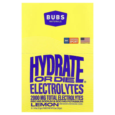 Yellow pack of Hydrate or Die® Electrolytes Drink Mix - Lemon - 20 Sticks by BUBS Naturals with electrolyte information text.