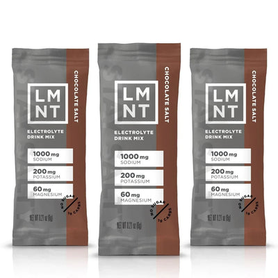 LMNT Chocolate Salt Electrolyte Mix - 30 Sticks packets displaying sodium, potassium, and magnesium content on brown and gray packaging