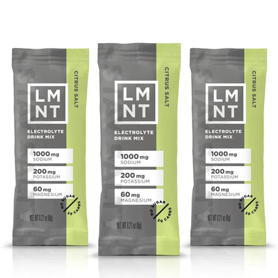LMNT Citrus Salt Electrolyte Mix - 30 Sticks packets showing sodium, potassium, magnesium content and no sugar claims