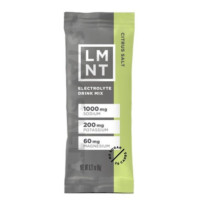 LMNT Single Stick electrolyte drink mix in Citrus Salt flavor with sodium, potassium, and magnesium for hydration.