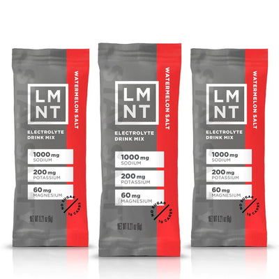 Three LMNT Watermelon Salt Electrolyte Mix - 30 Sticks packets highlighting sodium, potassium, and magnesium content.