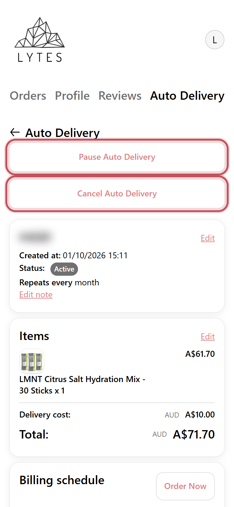 Auto Delivery overview screen showing Pause and Cancel buttons, items and billing schedule