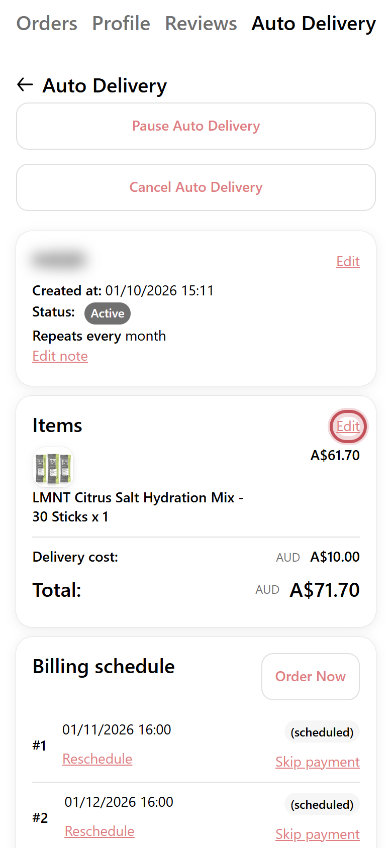 Items card with the Edit link highlighted