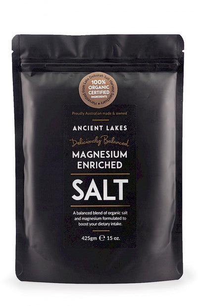 Magnesium Enriched Natural Lake Salt. - 425g black resealable pouch by Ancient Lakes for Drinks and Electrolytes collections