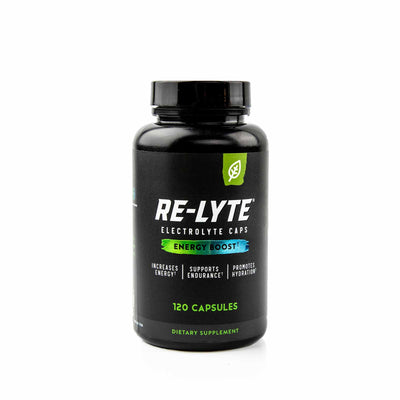 Re-Lyte Energy Boost Caps - 120 Capsules black bottle with green and white label, dietary supplement for hydration and energy