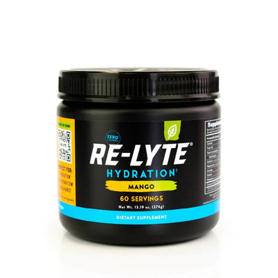 Re-Lyte Hydration - Mango - Tub - 60 Serves dietary supplement jar with black lid and colorful label design