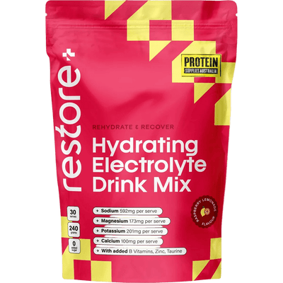 Restore Electrolyte Drink Mix Raspberry Lemonade 240g by Protein Supplies Australia, in Drinks and Electrolytes collections.