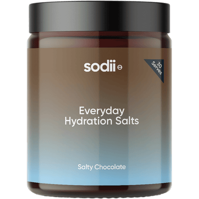 Salty Chocolate - 30 Serve Tub by Sodii featuring Everyday Hydration Salts in a sleek brown and blue container for keto and low carb hydration.