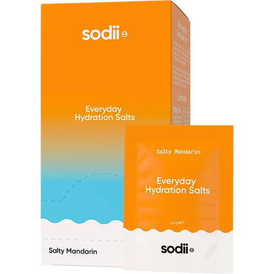 Salty Mandarin - 30 Sachets by Sodii with Everyday Hydration Salts in orange and white packaging for electrolyte drinks
