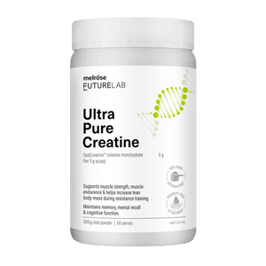 Ultra Pure Creatine - 300g by Melrose, white container with green DNA design, muscle and cognitive support supplement.