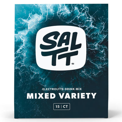SALTT Ultra Variety Electrolyte Drink Mix - 15 Sticks in mixed variety packaging with ocean wave design background