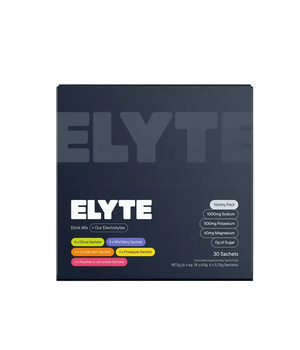 Variety Hydration Drink Mix - 30 Sachets by Elyte, featuring electrolytes with citrus, wild berry, orange zest, pineapple, and raspberry flavors.