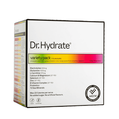 Packaging of Variety Sachet Pack - 14 Serves by Dr. Hydrate showing ingredients and nutritional highlights on a white box