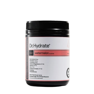 Dr. Hydrate Watermelon Jar - 30 Serves electrolyte powder container with detailed nutritional information label.