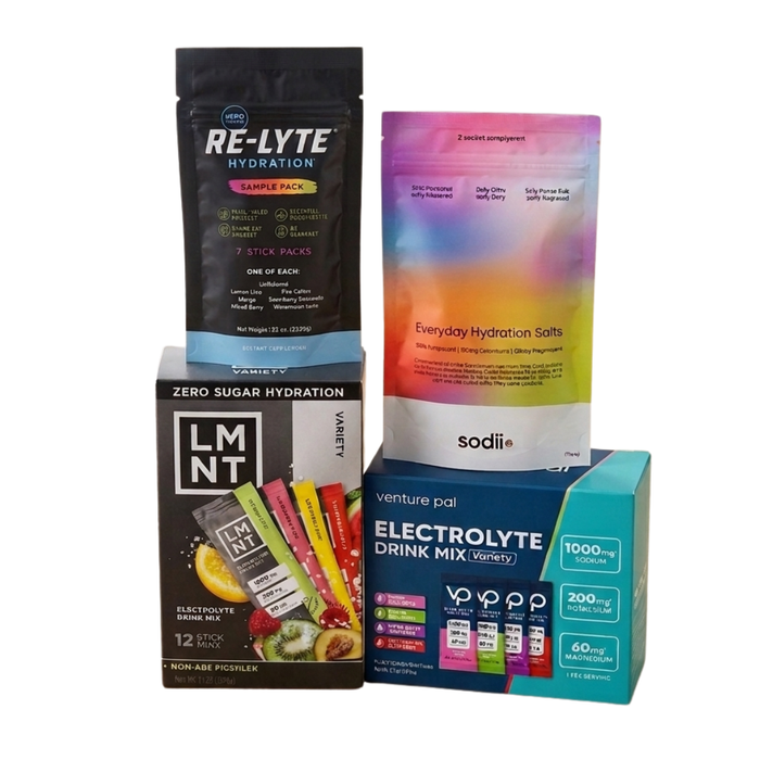 Electrolyte sachets and sticks from several brands laid out side by side