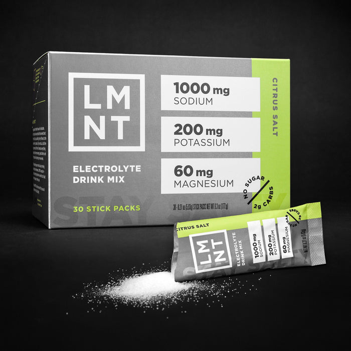 LMNT Citrus Salt 30 stick box showing 1000mg sodium, 200mg potassium and 60mg magnesium