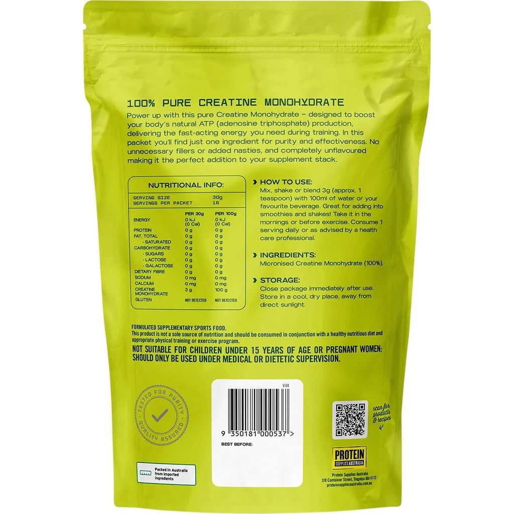 Back of 100% Pure - Creatine Monohydrate - 200g by Protein Supplies Australia showing nutritional info and usage instructions.
