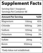 Supplement facts label for 40,000 Volts - Electrolyte Concentrate - 237ml showing magnesium, chloride, sodium, potassium, sulfate, and boron content.