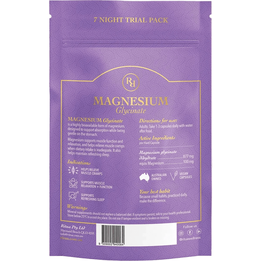 Back of Ritua 7 Night Trial Pack Magnesium Glycinate - 14 Capsules packaging showing usage, ingredients and Australian family business details.