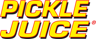 Pickle Juice logo with bold yellow and red text on transparent background for Extra Strength Shots - 75ml product branding.
