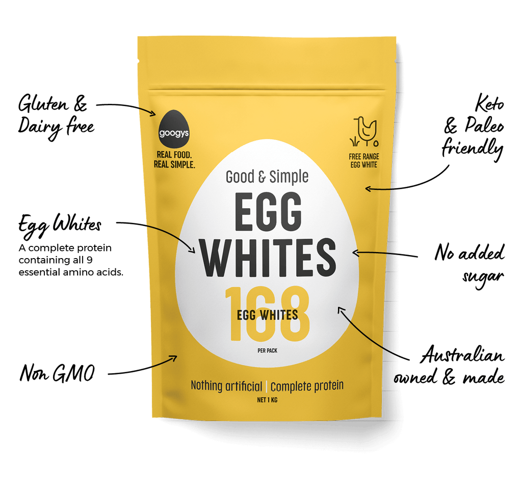 Googys Pure Egg White Powder - 1KG in yellow bag, keto and paleo friendly, gluten and dairy free, non-GMO protein source