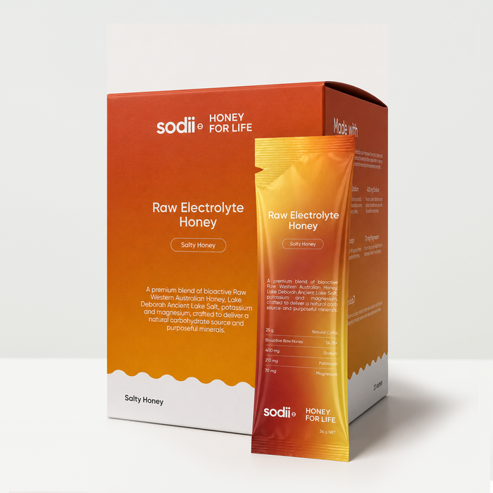 Sodii Raw Electrolyte Honey box of 20 sachets with one sachet in front, Salty Honey