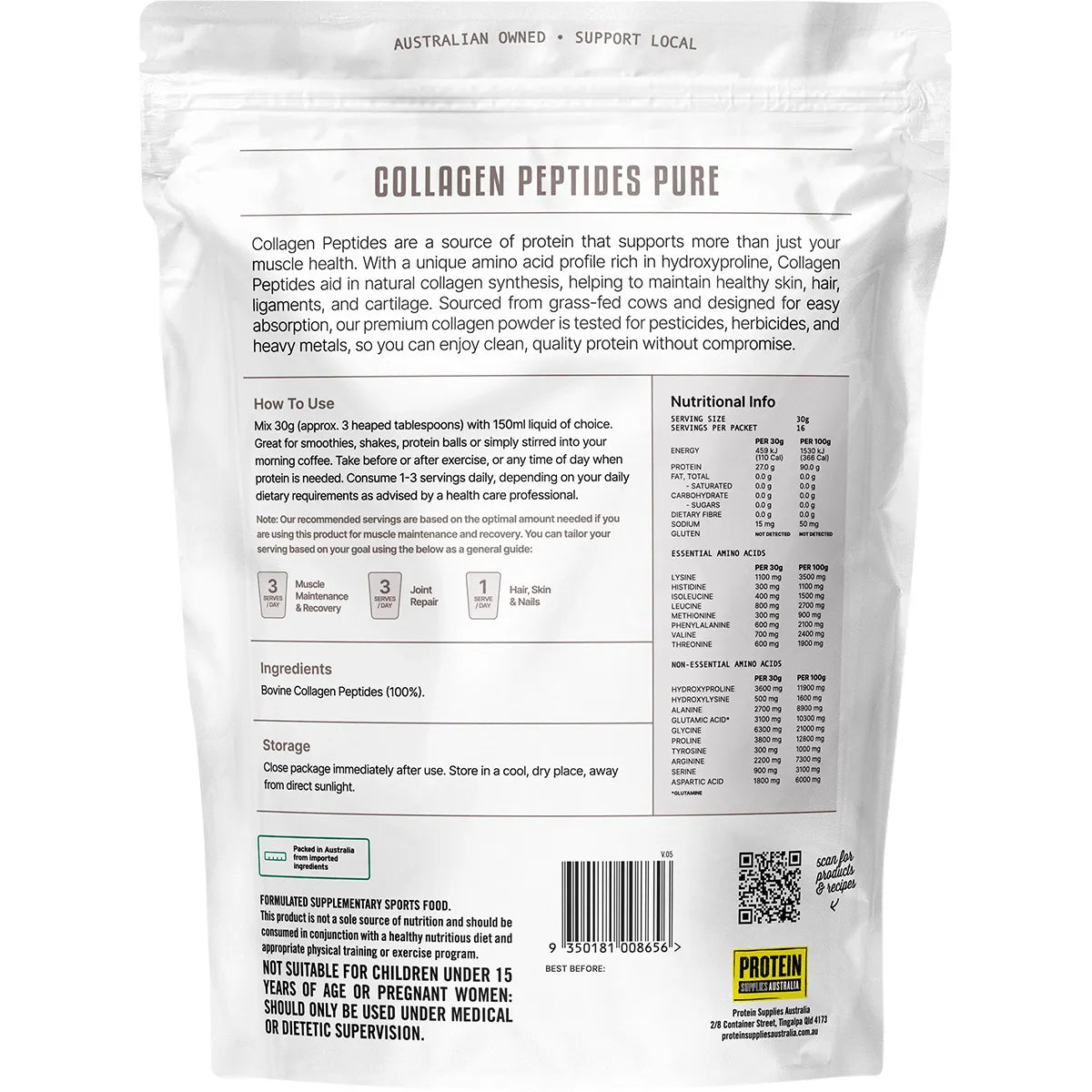 Back of Bioactive Collagen Peptides - Pure - 500g by Protein Supplies Australia packaging with detailed usage and nutritional info