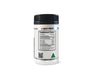 Container of white powder with a black lid, featuring nutritional information on the label.