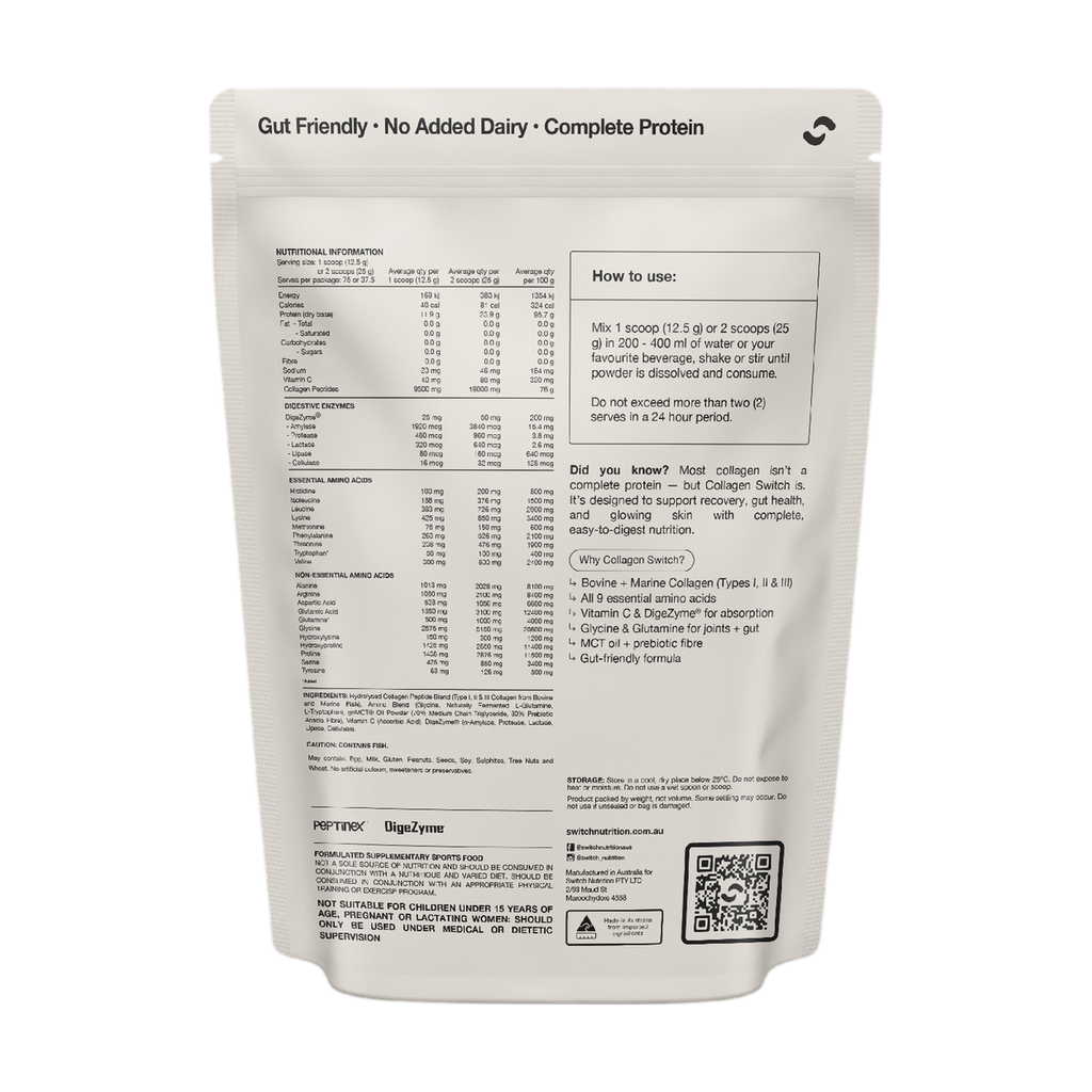 Back of the Switch Nutrition Collagen Peptides 938 g bag with nutrition information, ingredients and directions