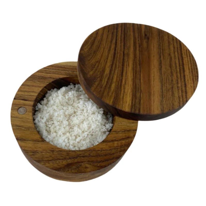 Baja Mineral Sea Salt - Fine - 454g in a wooden round salt cellar, featured by Abundance Farm in Salt & Spice collection.
