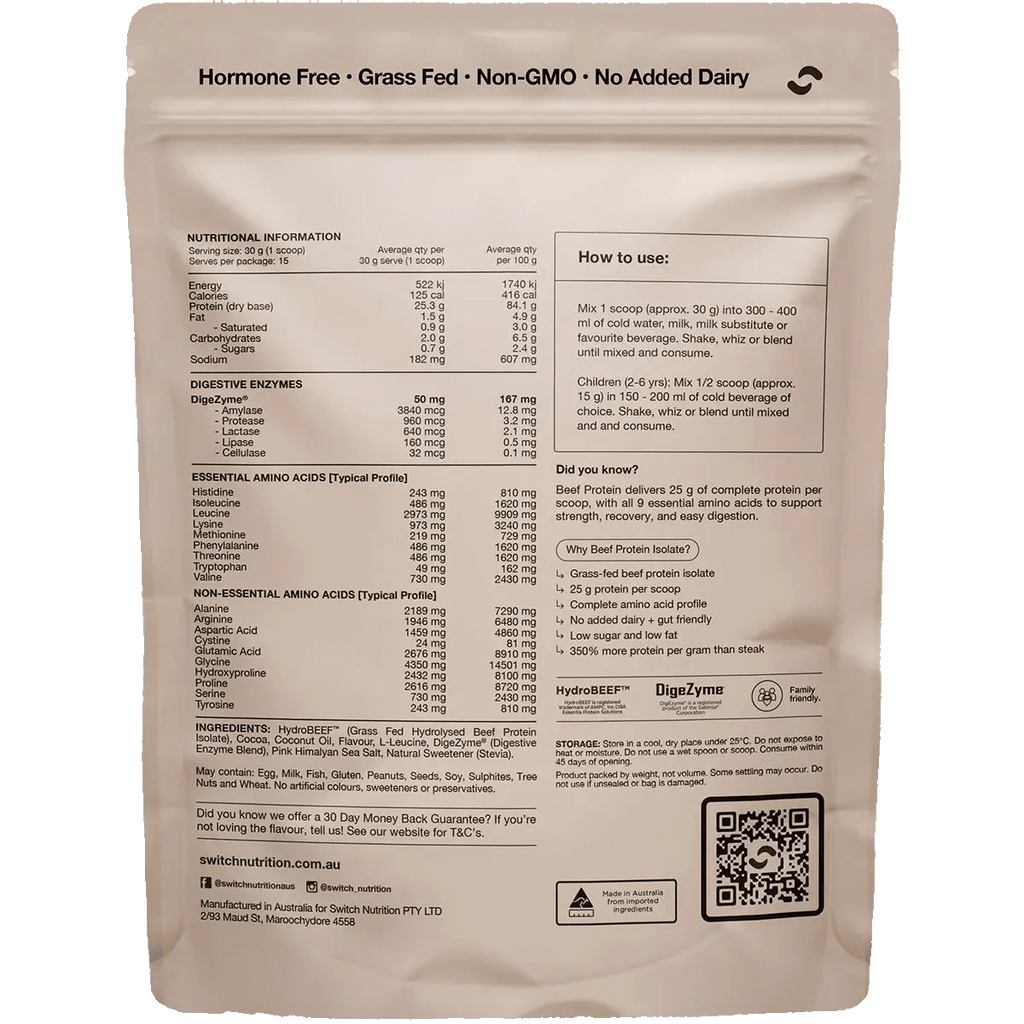 Back of Switch Nutrition Beef Protein Isolate - Chocolate Sea Salt - 450g pack showing nutrition, ingredients, and usage details.