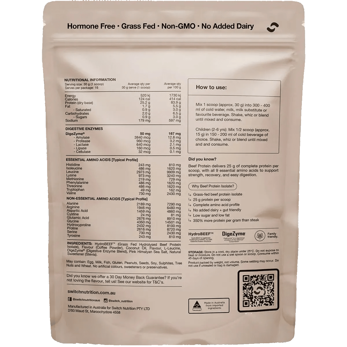 Nutrition label and usage instructions on Switch Nutrition’s Beef Protein Isolate - Iced Latte - 450g packaging with health claims and ingredients.