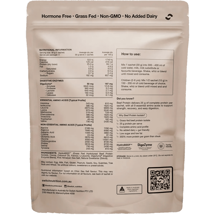 Back of a protein powder package with nutritional information and usage instructions.