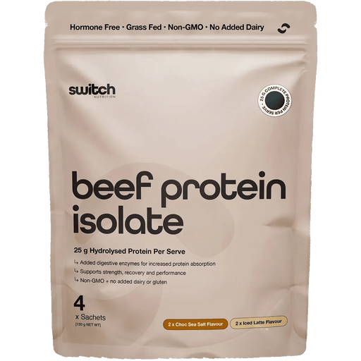 Beige package of beef protein isolate with Switch branding on a white background