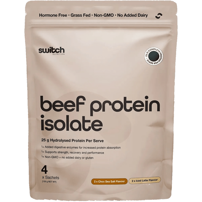Beige package of beef protein isolate with Switch branding on a white background