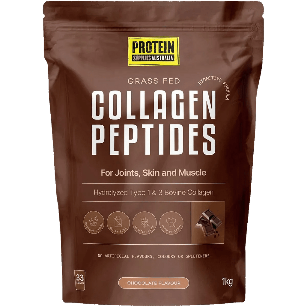 Grass Fed Collagen Peptides - Chocolate - 1kg by Protein Supplies Australia in brown resealable pouch packaging