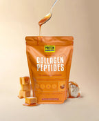 Grass Fed Collagen Peptides - Salted Caramel - 1kg pouch with caramel drizzle and caramel cubes by Protein Supplies Australia.