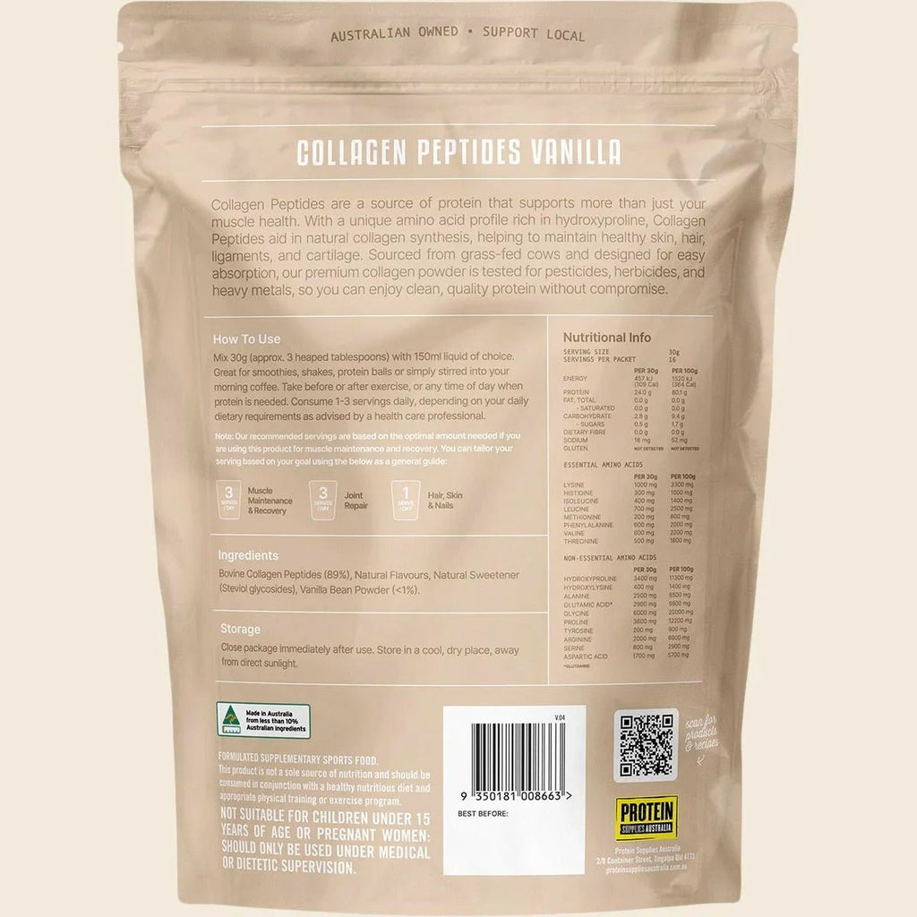 Grass Fed Collagen Peptides - Vanilla - 500g in resealable pouch by Protein Supplies Australia in Collagen Powder collection