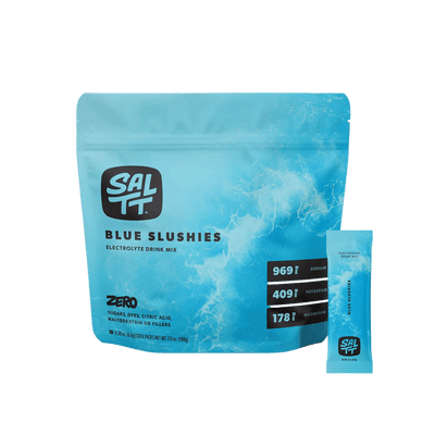 Blue Slushies - 30 Sticks by SALTT in blue resealable pouch with electrolyte content details and single stick sachet next to it