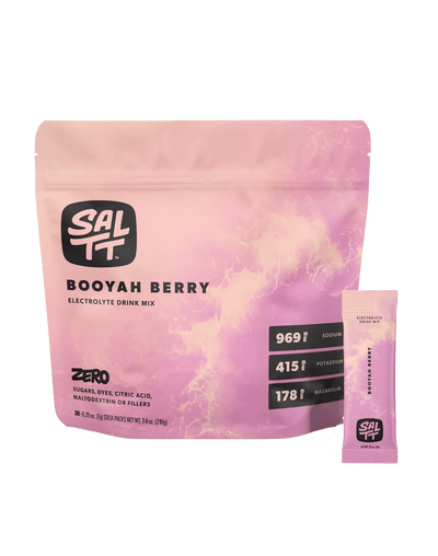Booyah Berry Electrolyte Drink Mix - 30 Sticks by SALTT in pink packaging, featuring electrolyte content details.