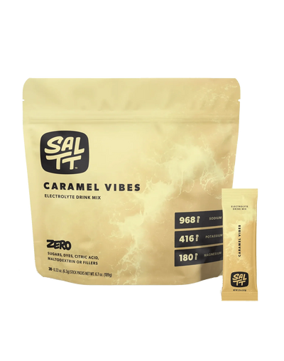 SALTT Caramel Vibes Electrolyte Drink Mix - 30 Sticks in tan resealable bag highlighting sodium, potassium, magnesium content