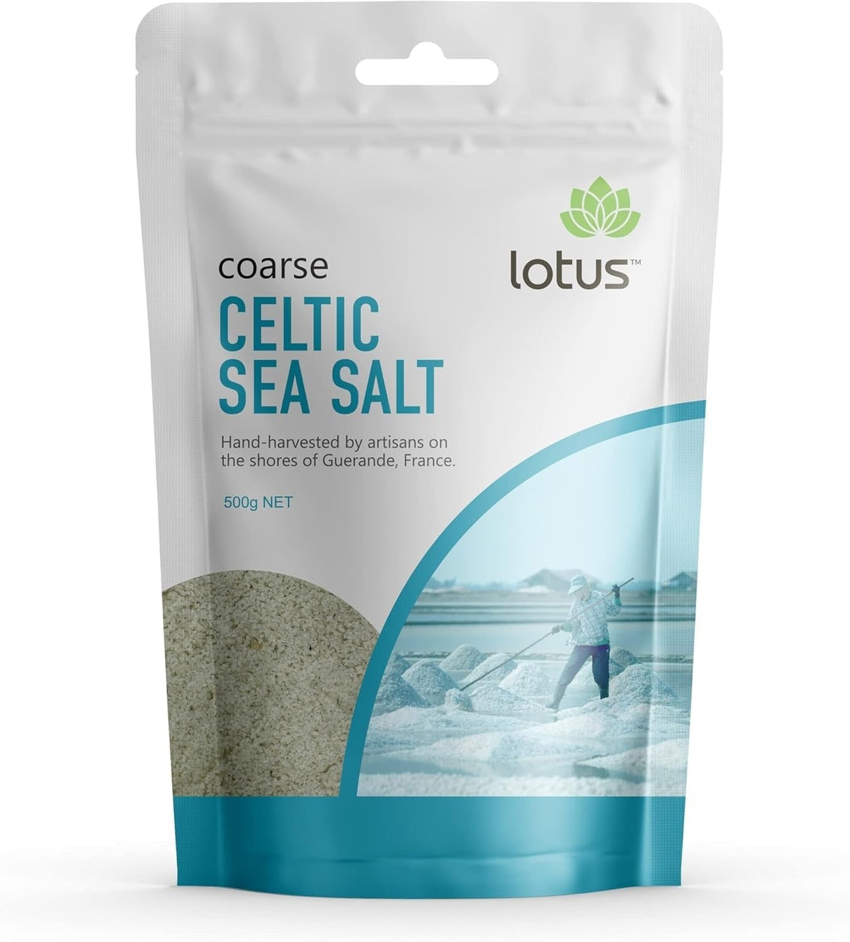 Celtic Sea Salt - Coarse - 500g by Lotus in a resealable pouch featuring artisan salt harvesting image.