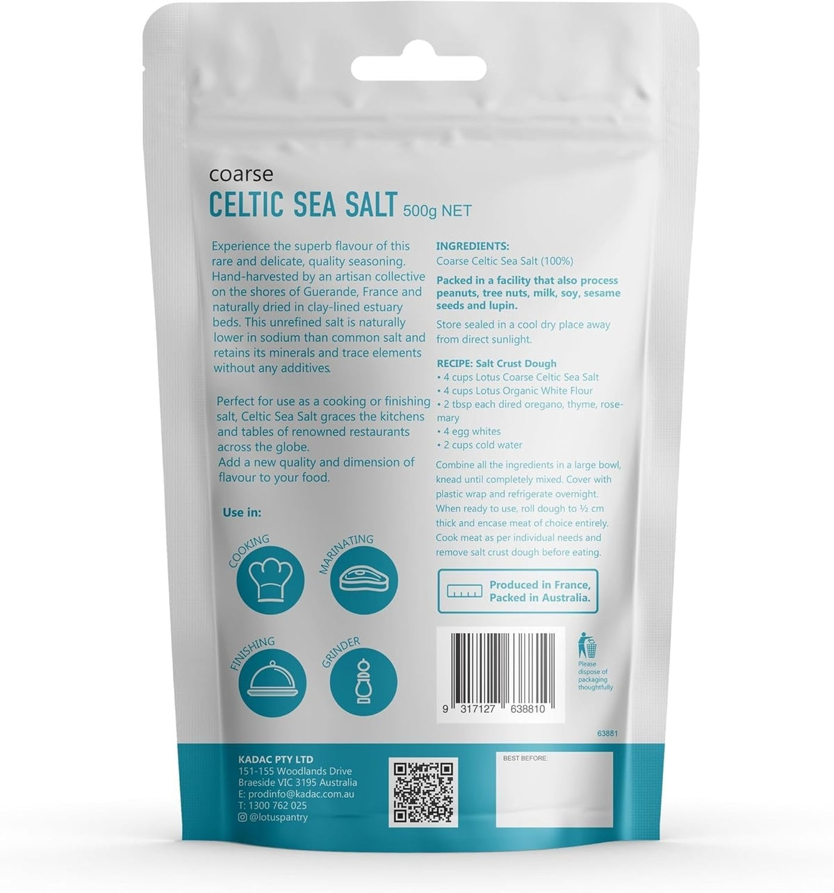 Back of Lotus Celtic Sea Salt - Coarse - 500g pack showing ingredient, use instructions, and product details.