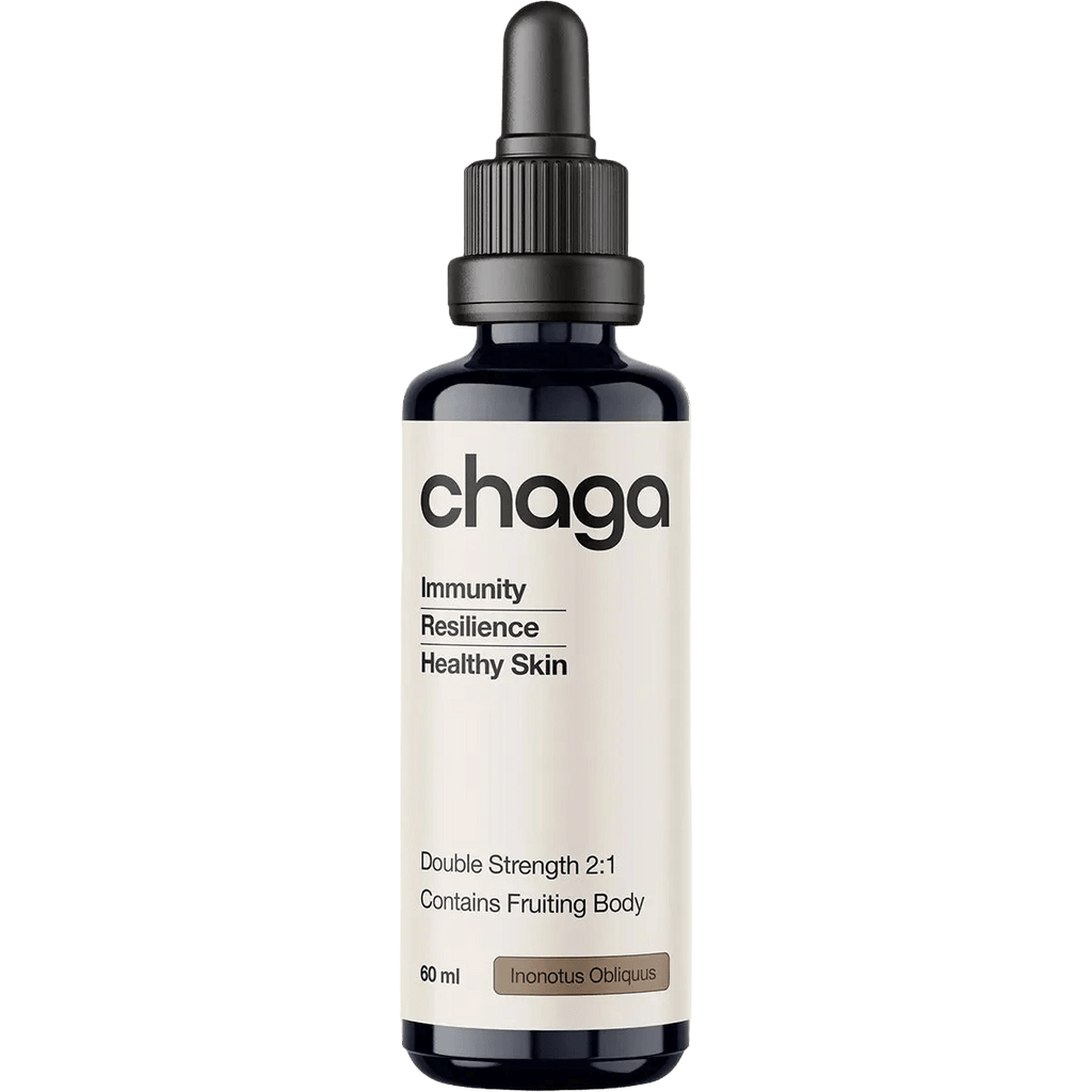 Bottle of Chaga Double Strength 2:1 Mushroom Liquid Extract - 60ml by Switch Nutrition, featuring immunity and skin health benefits in a dark dropper bottle.