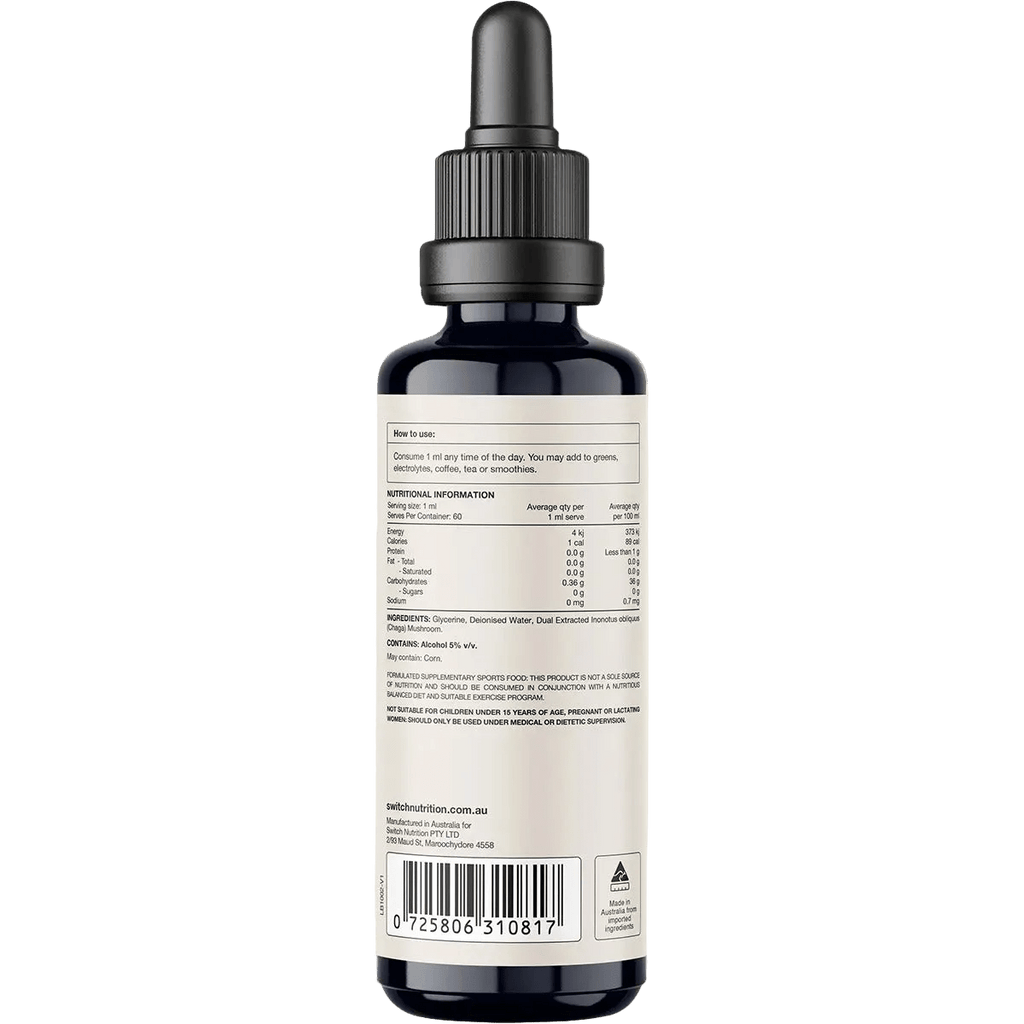 Back view of a 60ml bottle of Chaga Double Strength 2:1 Mushroom Liquid Extract by Switch Nutrition showing dosage instructions, nutritional facts, ingredients, and a dropper cap.