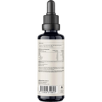 Back view of a 60ml bottle of Chaga Double Strength 2:1 Mushroom Liquid Extract by Switch Nutrition showing dosage instructions, nutritional facts, ingredients, and a dropper cap.