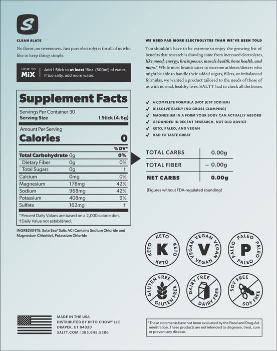 Clean Slate (Unflavoured) Electrolyte Drink Mix - 30 Sticks - Yo Keto