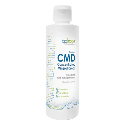 CMD Concentrated Mineral Drops - 120ml bottle by BioTrace with multi-mineral formula and natural bio-availability branding.